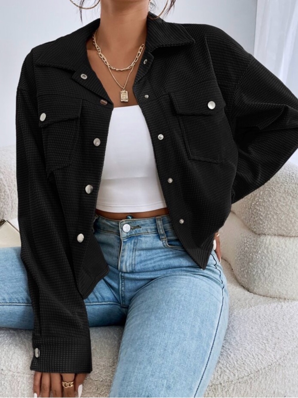 Black Waffle Button-Front Shacket - Women from SHEIN